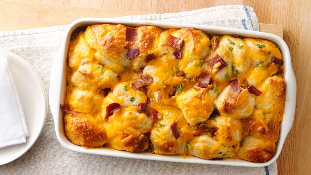 Bacon-Cheese Pull-Aparts prepared recipe in a baking dish