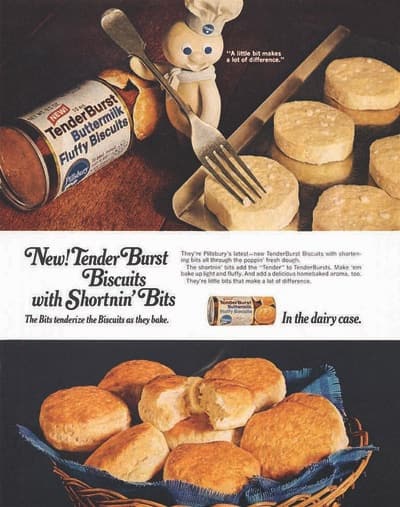 Vintage advertisement with two images: in the top image, the Pillsbury Doughboy is holding a fork and preparing a batch of Tender Burst Biscuits, and in the image below is a basket full of baked biscuits.